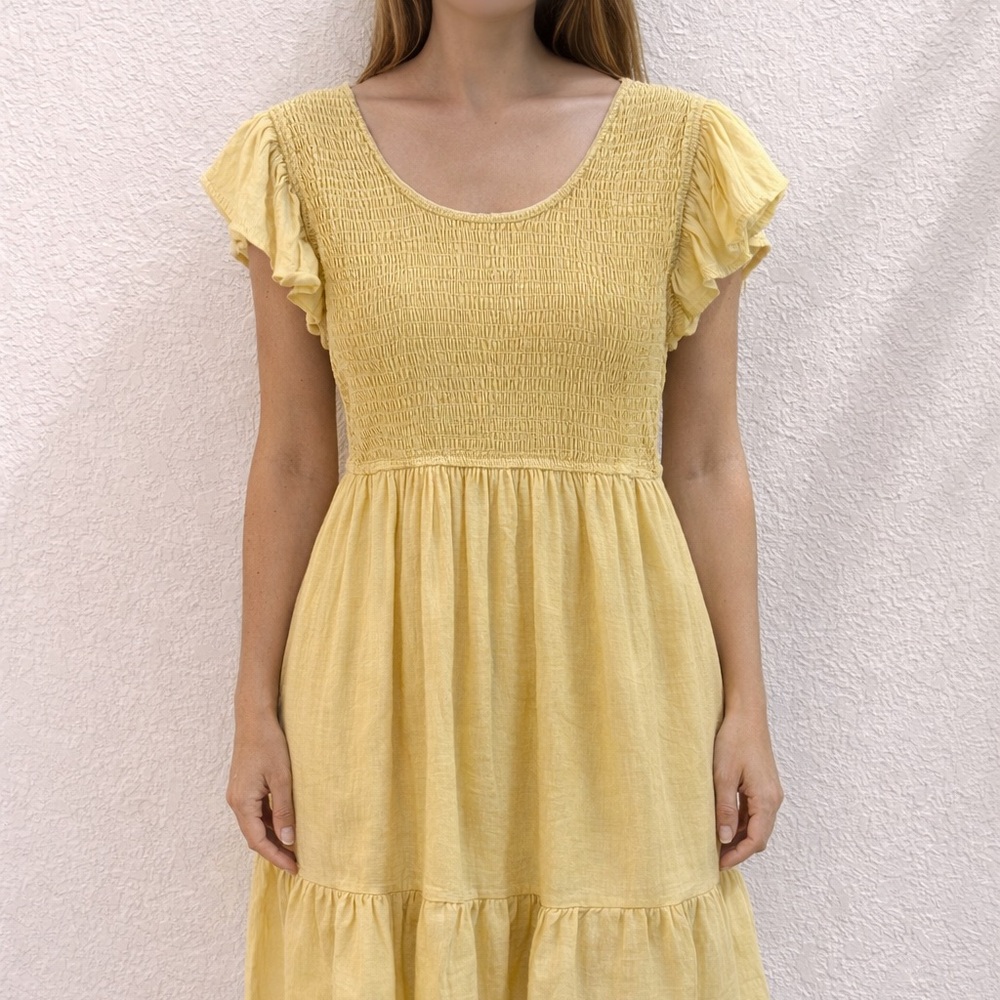 Yellow Smocked Dress with Flutter Sleeves